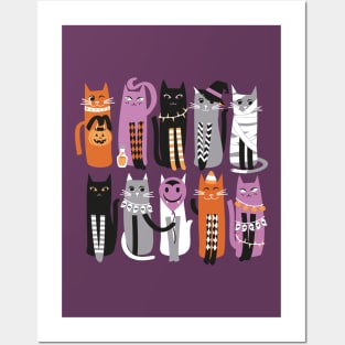 High Gothic Halloween Cats // print // purple background orange grey purple white and black kittens Posters and Art